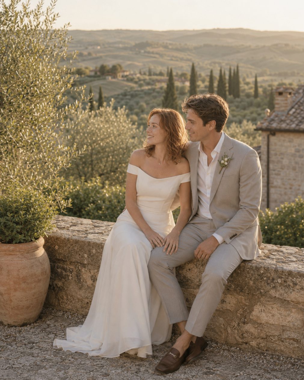 Elena and Riccardo sitting together alone after the ceremony, looking across the hills of Val d’Orcia
