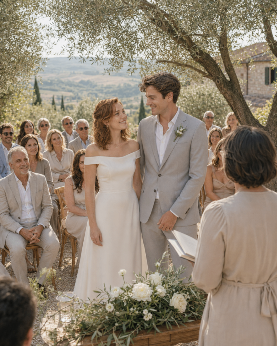 Elena and Riccardo standing together during their ceremony beneath olive trees, surrounded by loved ones