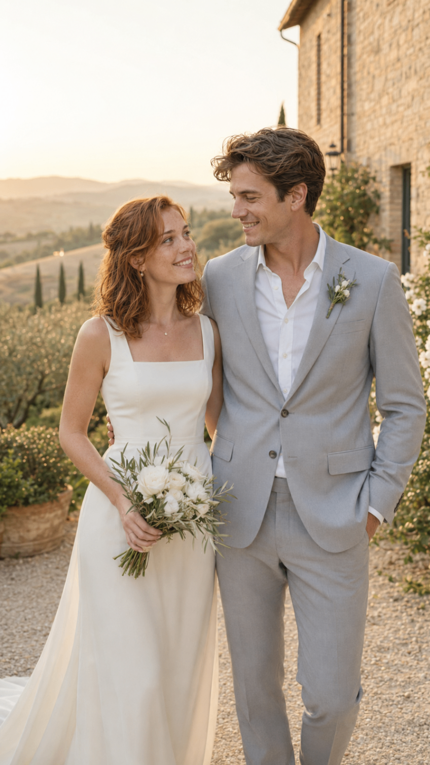 Elena and Riccardo standing together outside their Tuscan wedding venue at sunset