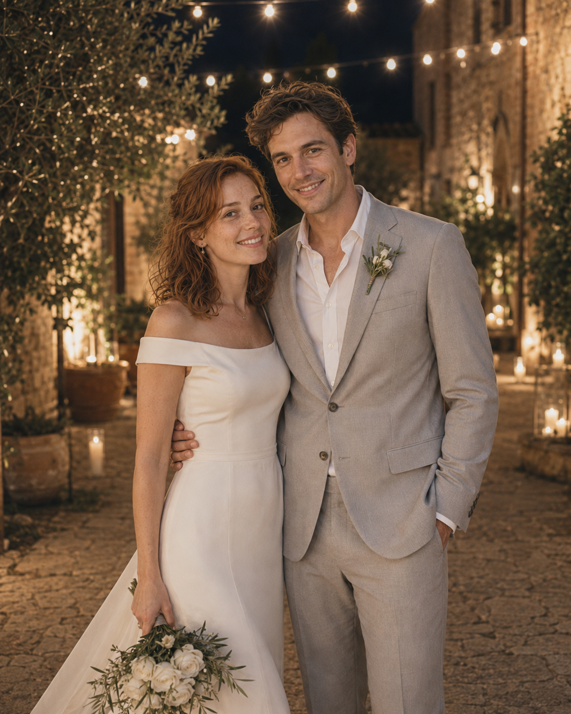 Elena and Riccardo standing together at night on a candlelit Tuscan street, the bride holding a white bouquet