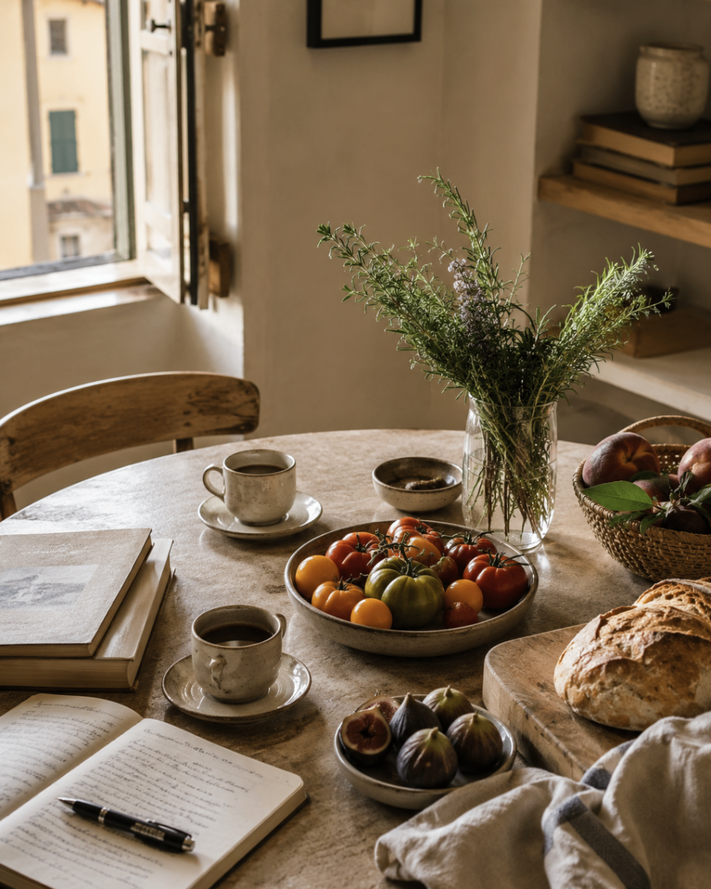 A quiet breakfast table with coffee, bread, figs, flowers, and handwritten notes in warm morning light