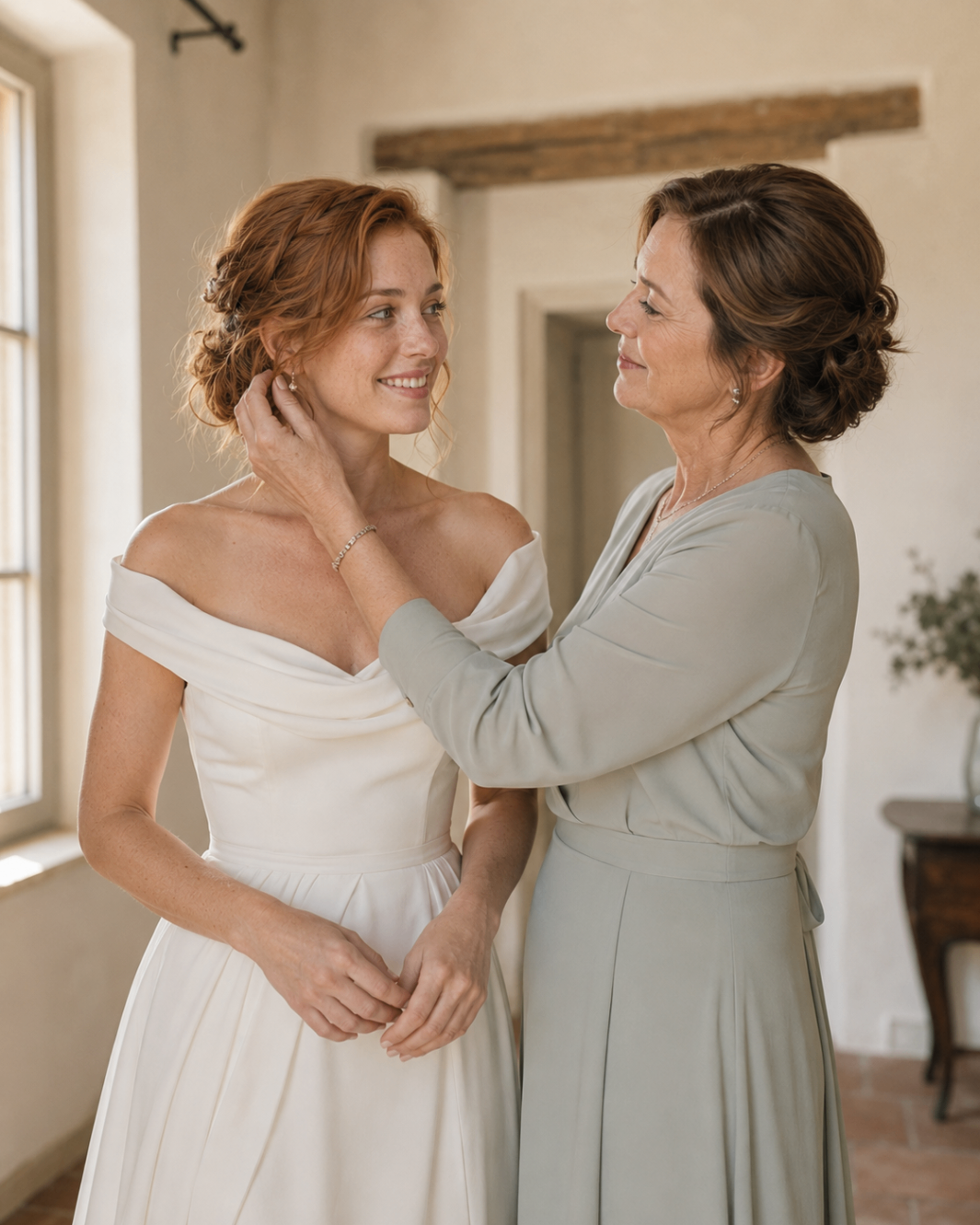 Elena sharing a quiet getting-ready moment with her mother before the ceremony