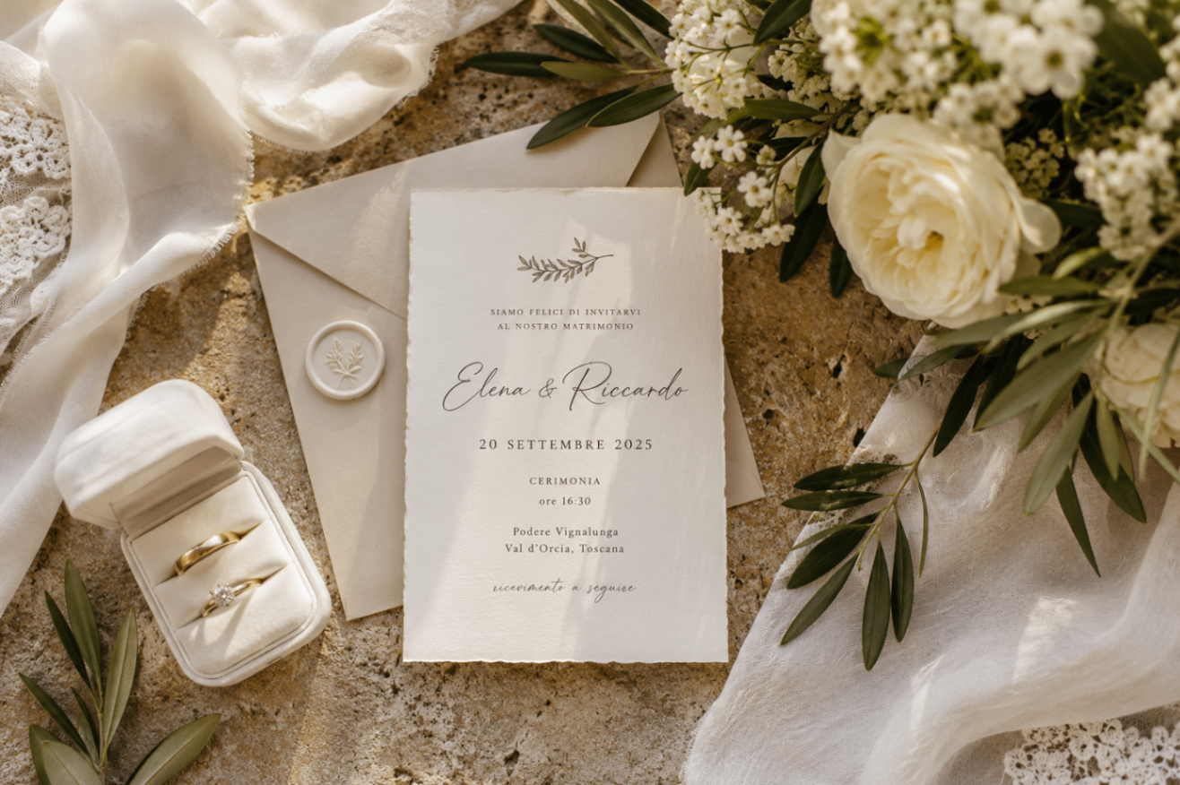 Wedding details including Elena and Riccardo’s invitation, rings, white florals, and silk fabric