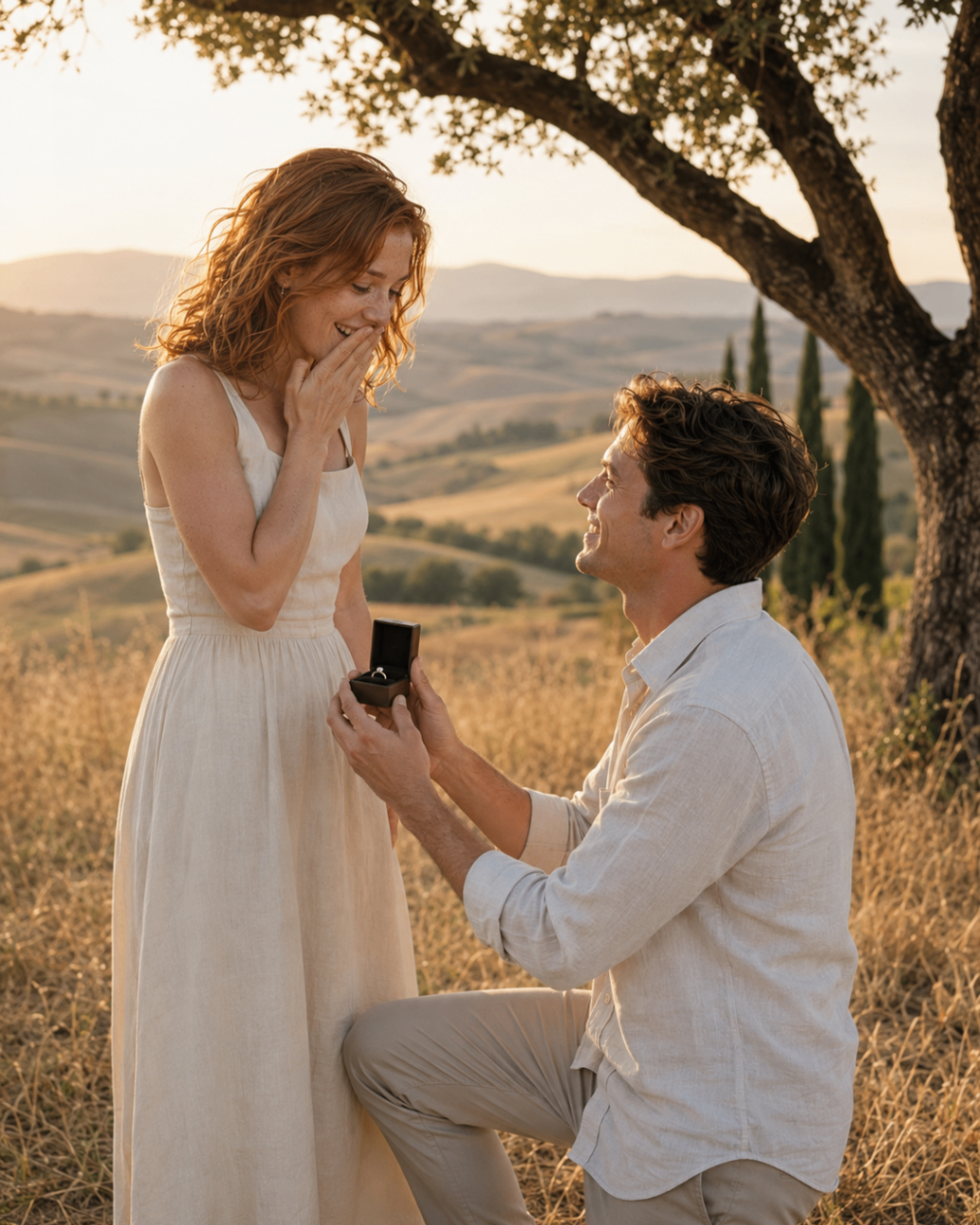 Riccardo proposing to Elena beneath an old tree in Val d’Orcia at sunset